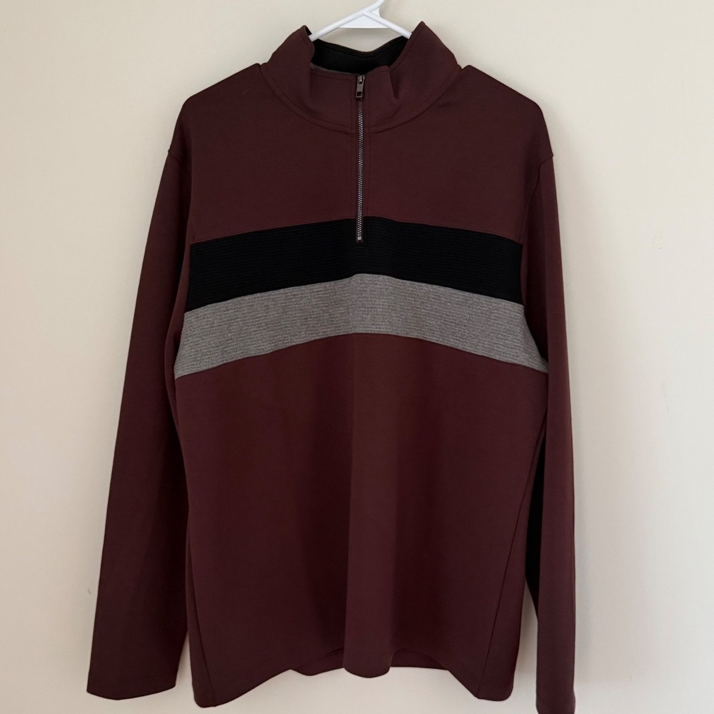 Magaschoni Men's Quarter-Zip Pullover Burgundy Black Gray Stripe‎ Size L